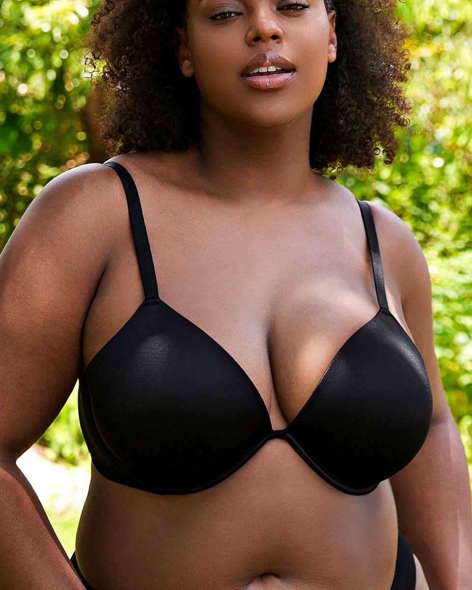 Deep V Padded Push Up Bra with Underwire, Black Wingslove