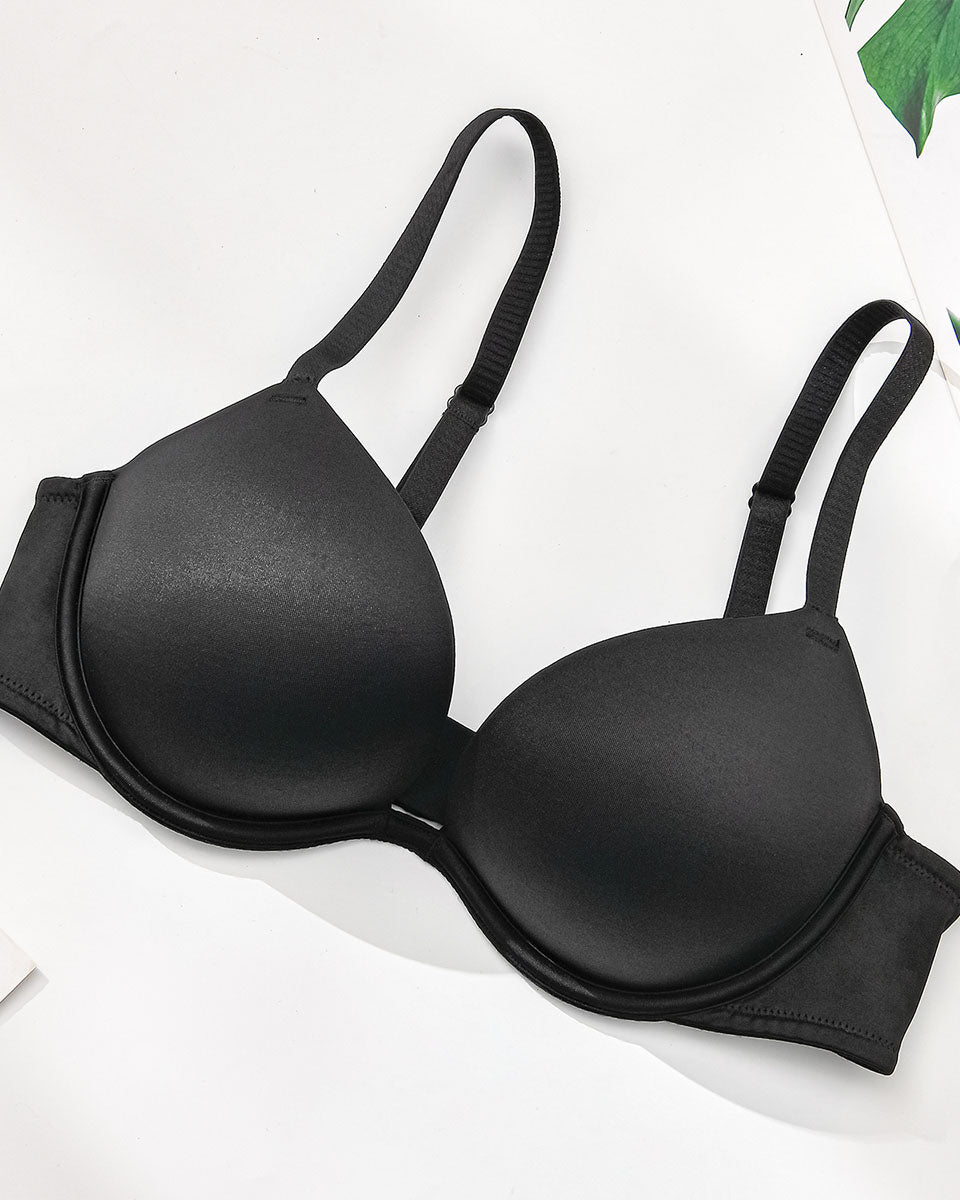 Deep V Padded Push Up Bra with Underwire, Black Wingslove