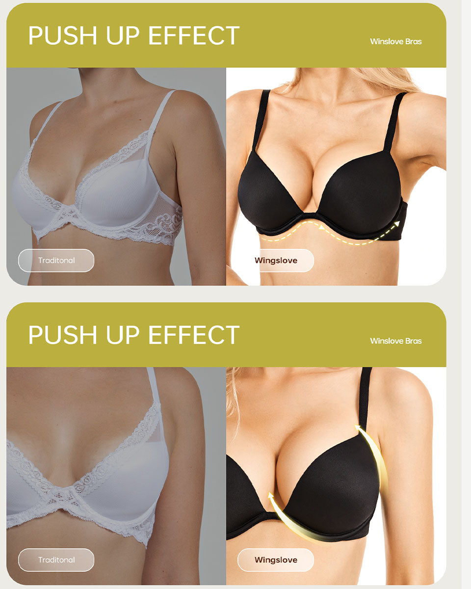 Deep V Padded Push Up Bra with Underwire, Black Wingslove