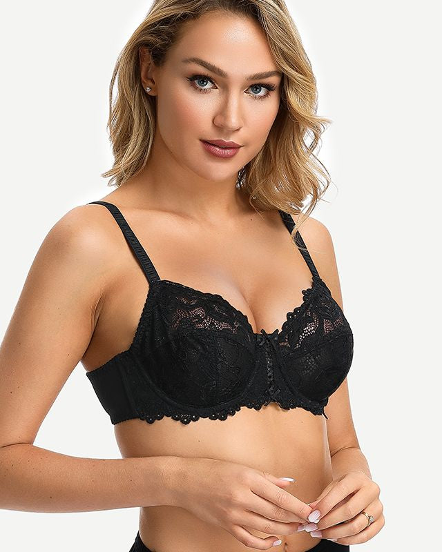 Full Coverage Lace Bra Underwire Bralette, Black Wingslove
