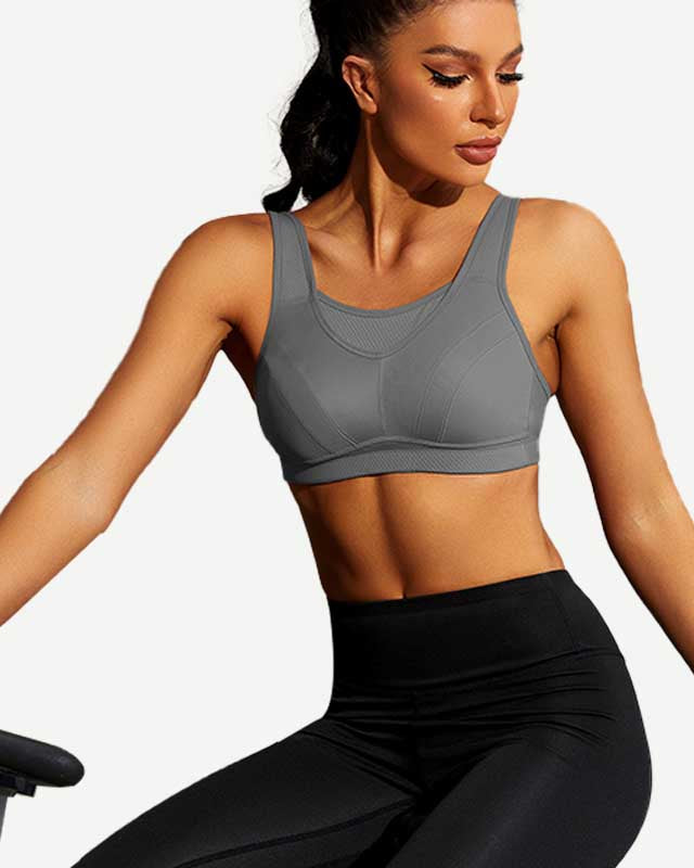 Full Coverage Solid Absorb Wirefree Breathable Sports Bra Grey