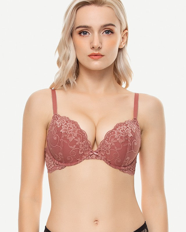 Floral Plunge Underwire Push Up Bra With Padded, Cinnabar Red