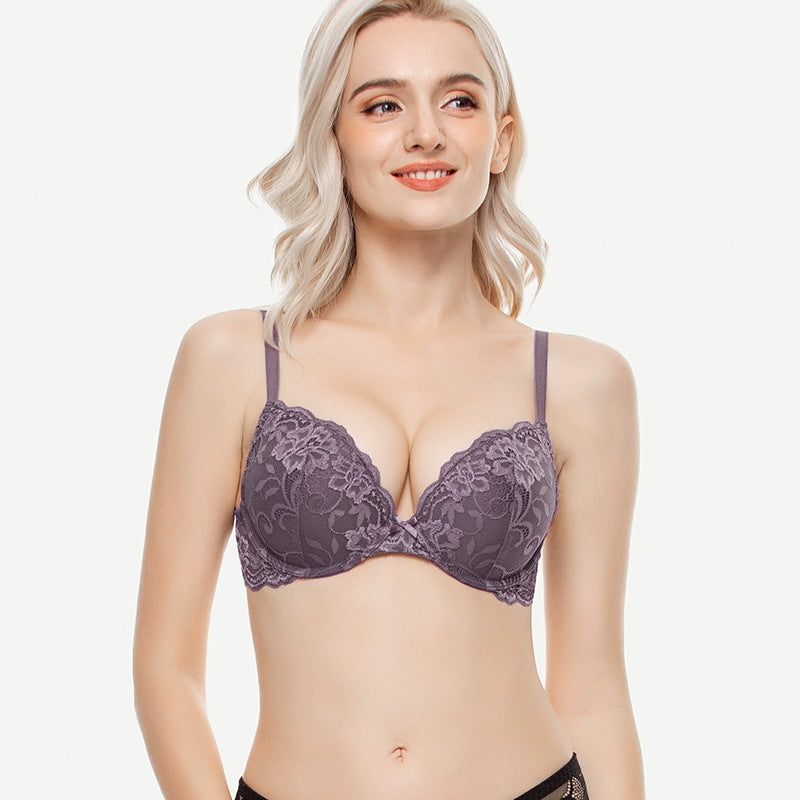Floral Plunge Underwire Push Up Bra With Padded, Purple