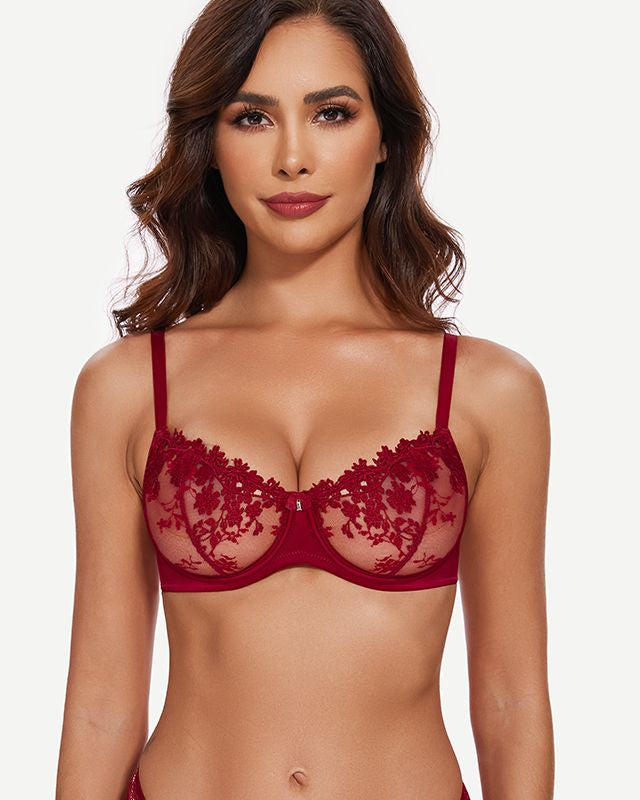 Underwire Lace bra Sheer Mesh Unlined, Wine Red