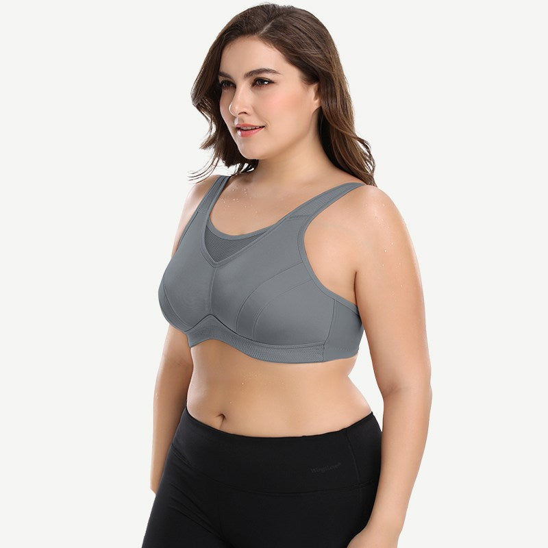 Plus Size Solid wirefree Absorb Breathable Sports Bra Grey