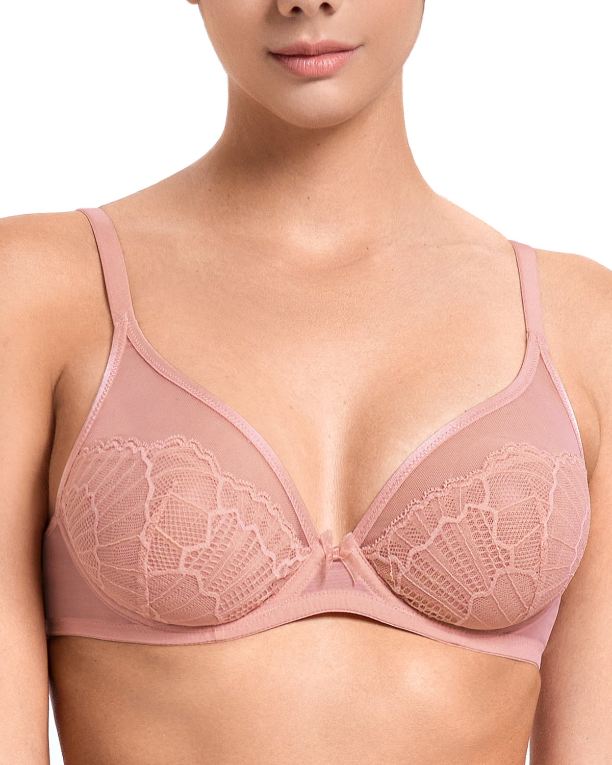 Sheer Lace Underwire Unlined Mesh & Adjustable Straps Bra Rose Pink - WingsLove