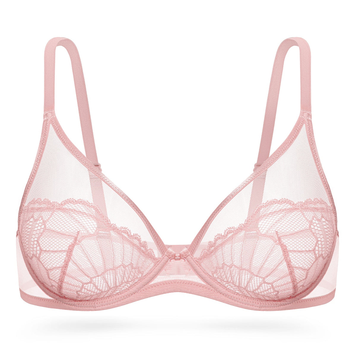 Sheer Lace Underwire Unlined Mesh & Adjustable Straps Bra Rose Pink - WingsLove