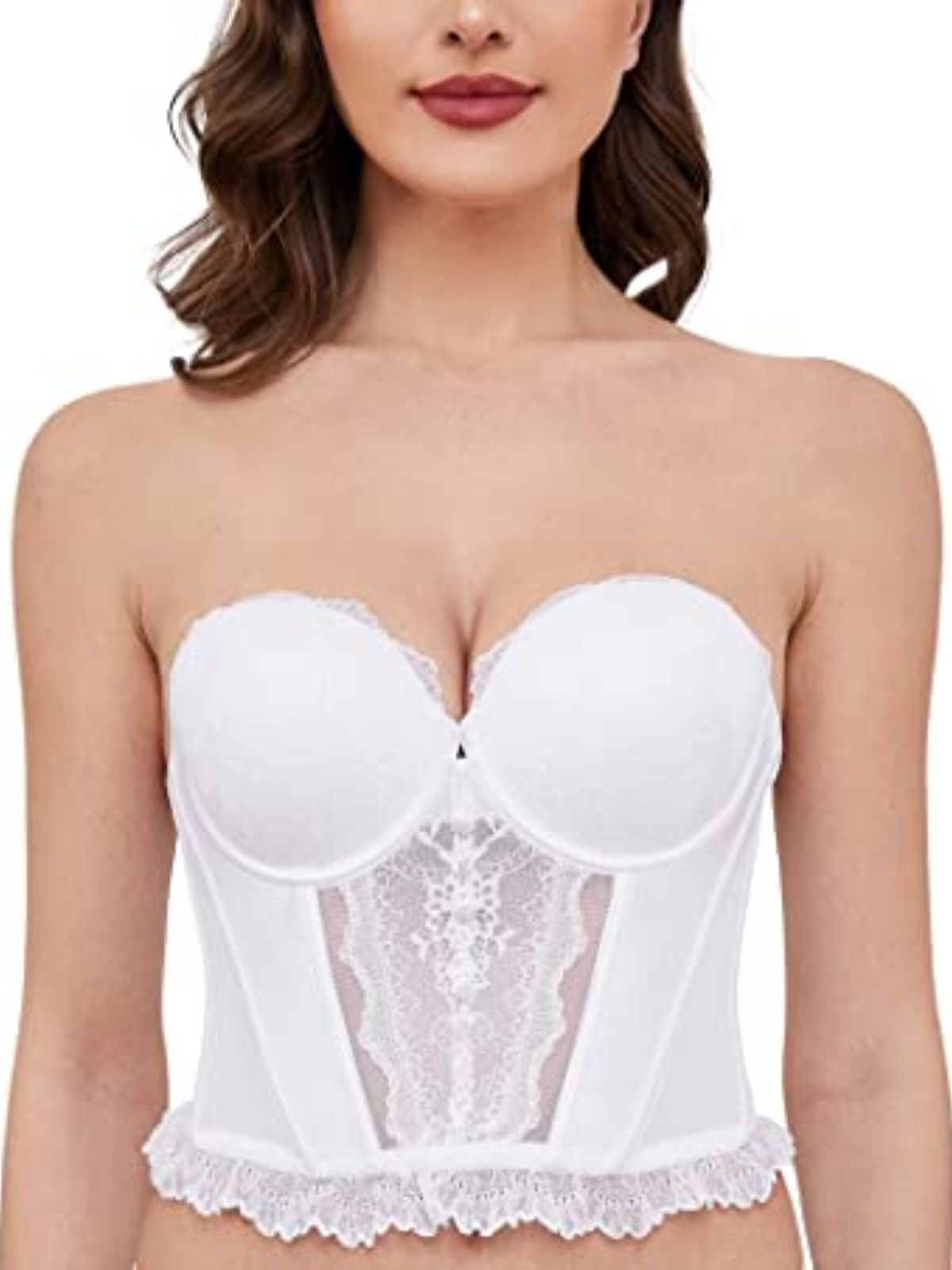 Strapless Bra Longline Corset Push Up Boned Underwire Sexy Sheer Mesh Lace-Trim White - WingsLove