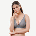 Floral Lace Unlined Plunge Bra with Underwire, Grey Wingslove