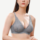 Floral Lace Unlined Plunge Bra with Underwire, Grey Wingslove
