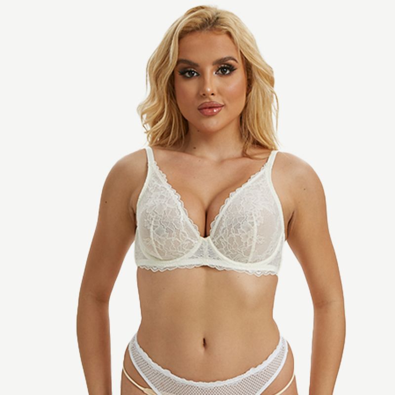Floral Lace Unlined Plunge Bra with Underwire, Ivroy Wingslove