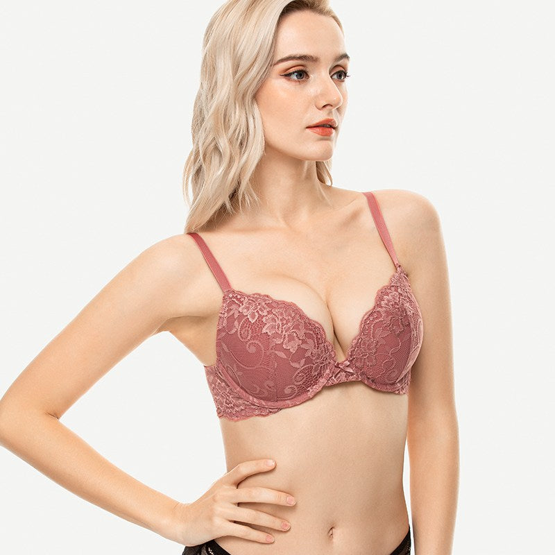 Floral Plunge Underwire Push Up Bra With Padded, Cinnabar Red