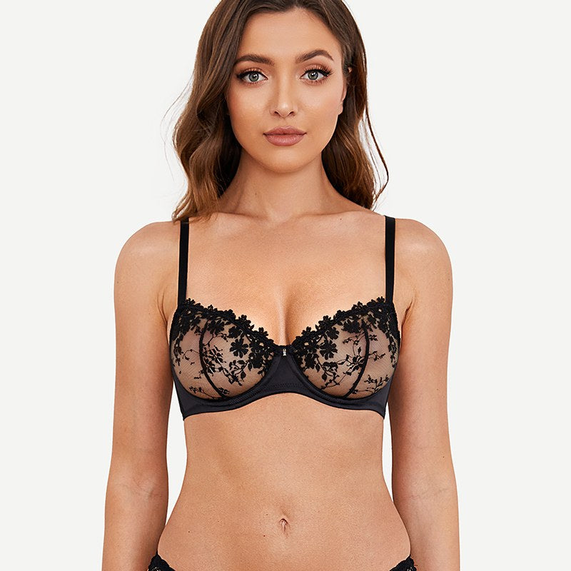 Underwire Lace bra Sheer Mesh Unlined, Black