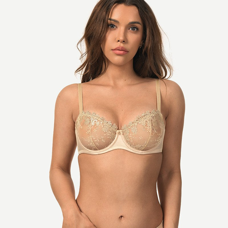 Underwire Lace bra Sheer Mesh Unlined, Dark Nude