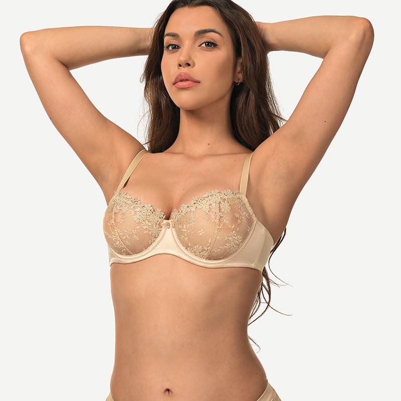 Underwire Lace bra Sheer Mesh Unlined, Dark Nude