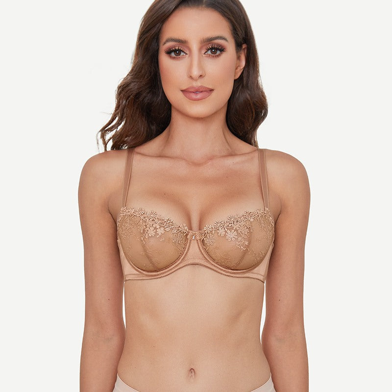 Underwire Lace bra Sheer Mesh Unlined, Milk Coffee