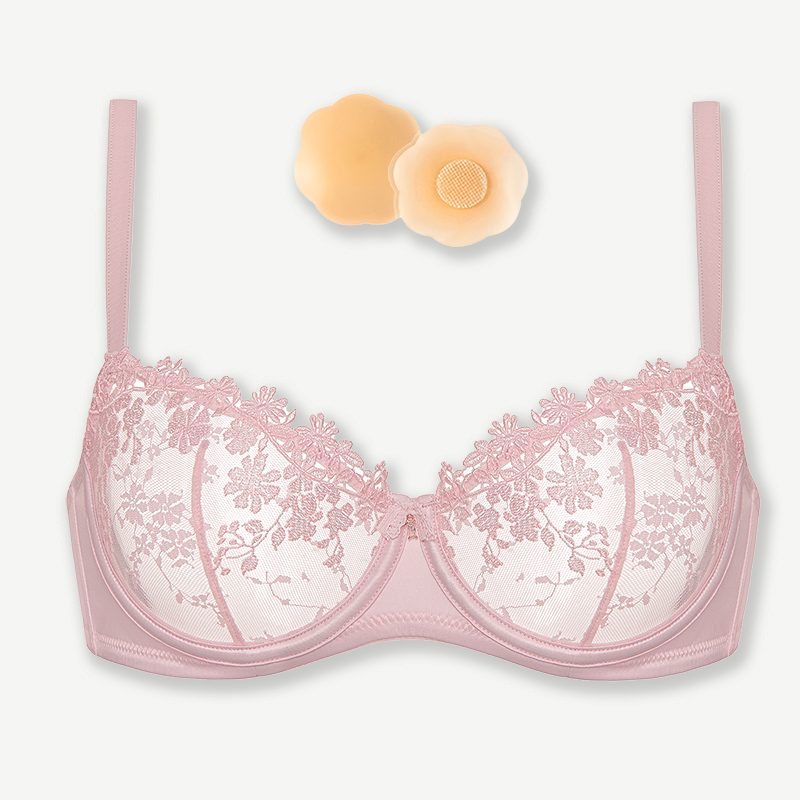 Underwire Lace bra Sheer Mesh Unlined, Pink