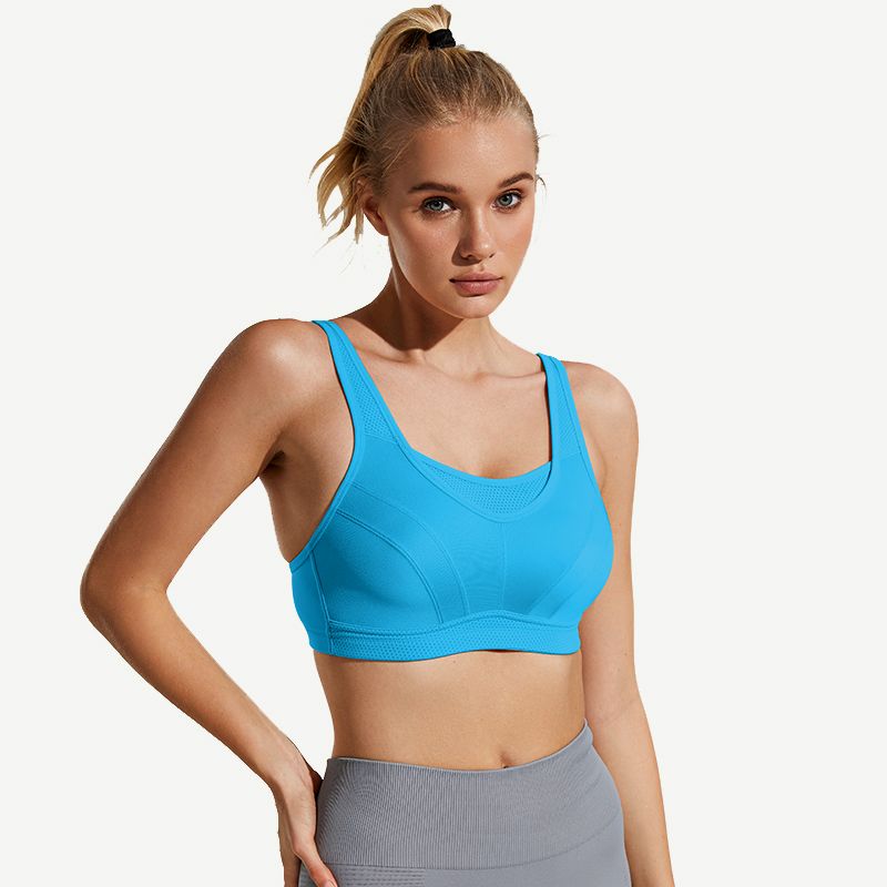 Full Coverage High Support Solid Sports Bra Blue