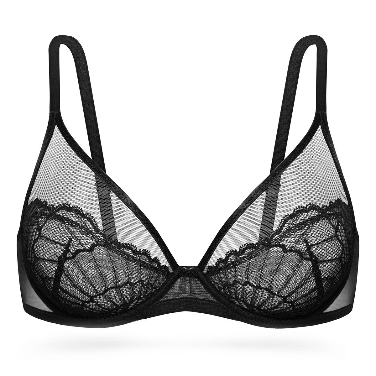 Sheer Lace Underwire Unlined Mesh & Adjustable Straps Black - WingsLove