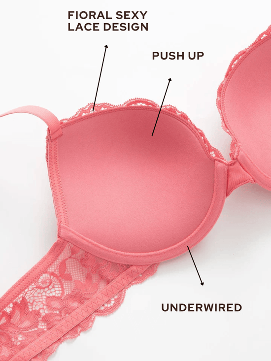 Lace Push Up Bra Lightly Padded Demi Plunge Bra Bean Red - WingsLove