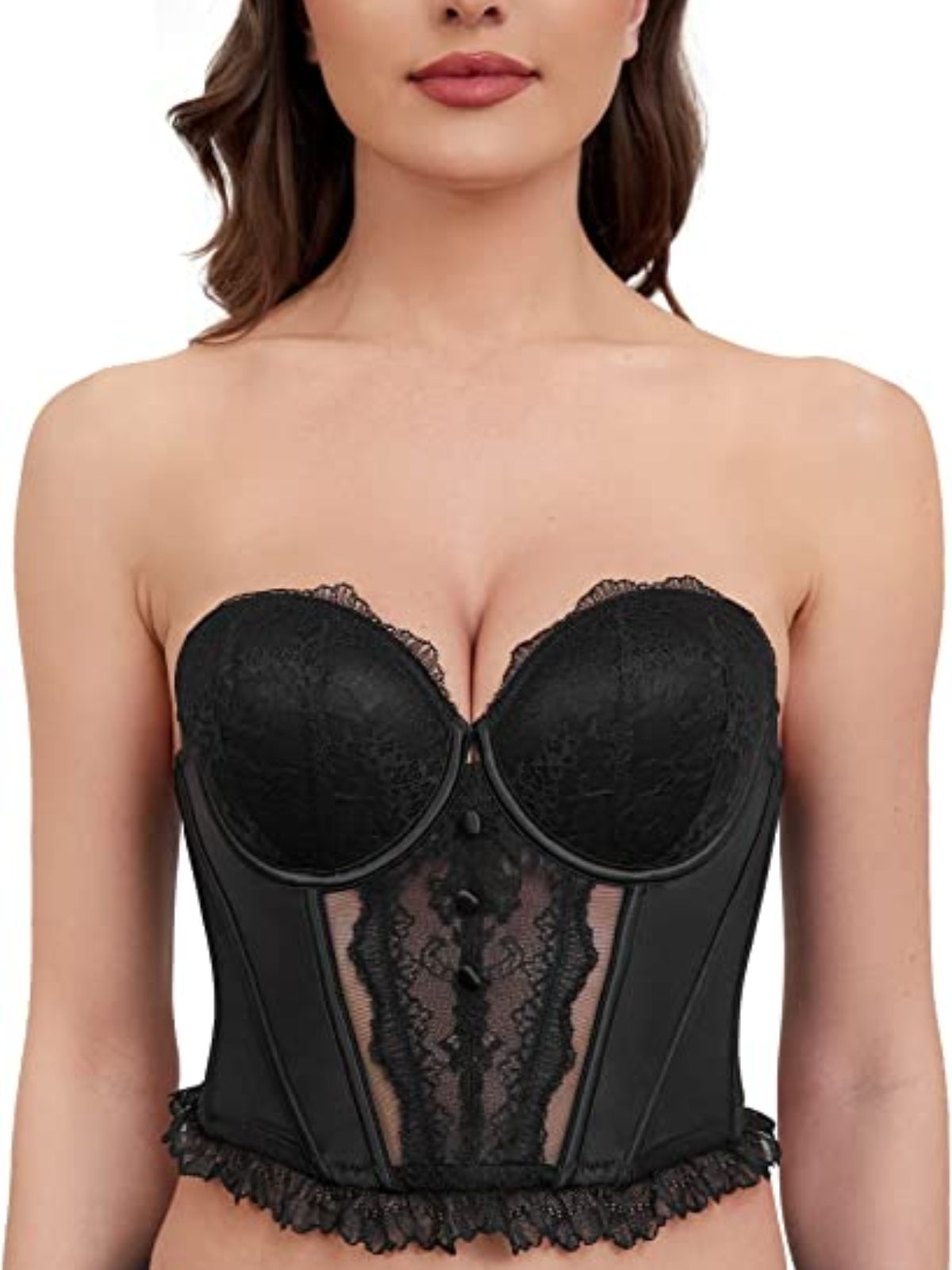 Strapless Bra Longline Corset Push Up Boned Underwire Sexy Sheer Mesh Lace-Trim Black - WingsLove