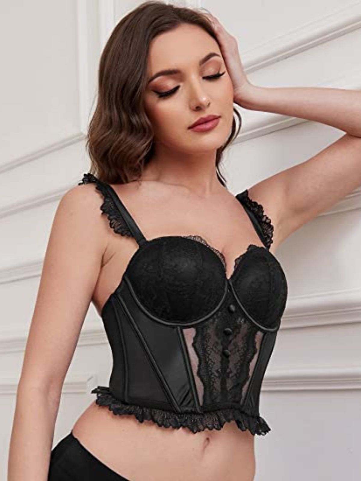Strapless Bra Longline Corset Push Up Boned Underwire Sexy Sheer Mesh Lace-Trim Black - WingsLove